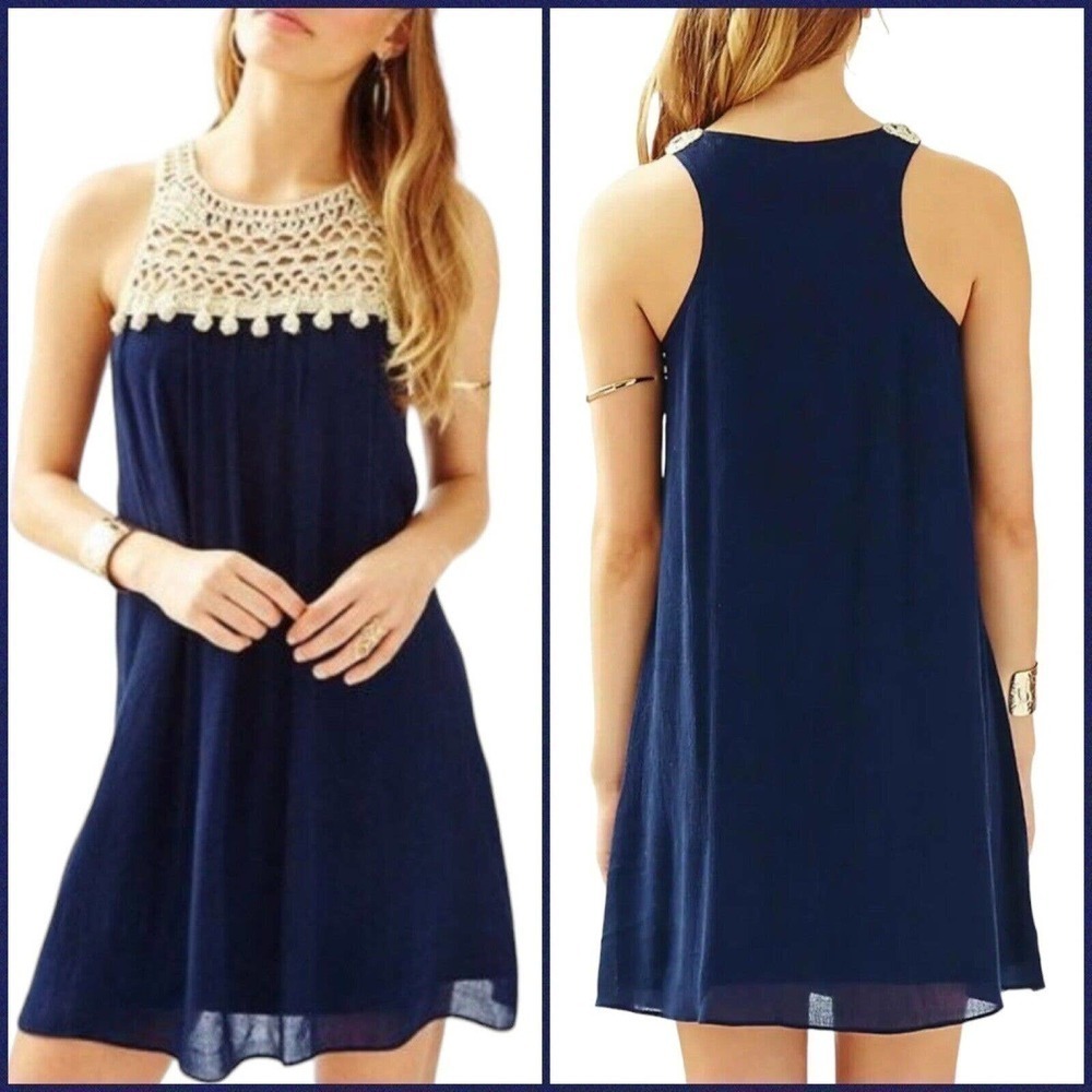 Lilly Pulitzer Rachelle Flowy Gauze Navy Dress Gold Crochet Pom Pom Size Small